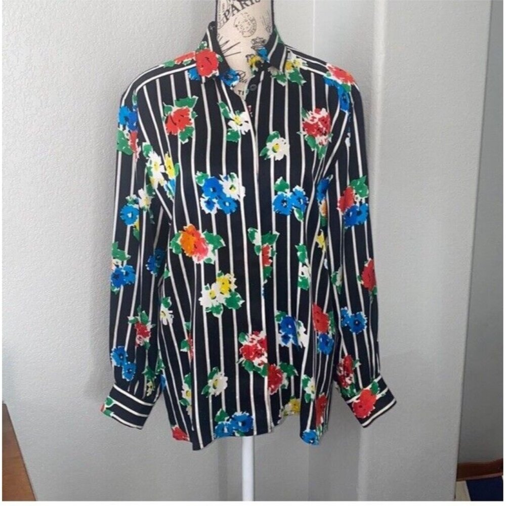 Vintage Escada Margaretha Ley Silk Floral Blouse Stripe